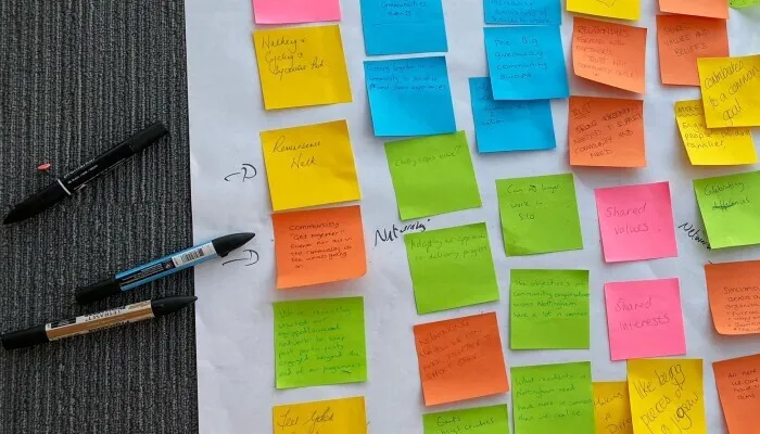 Different colour sticky notes on a large piece of paper and a few pens
